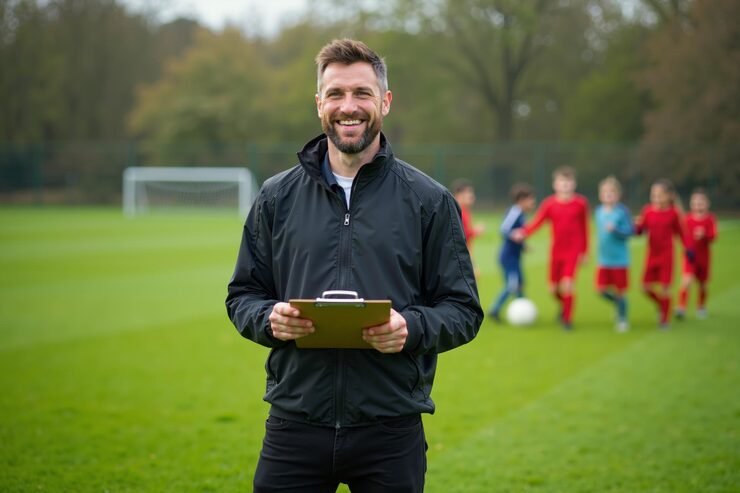 photo-coach-instructor-trainer-teaching-teenage-player-soccer-field-generative-ai_35887-26977